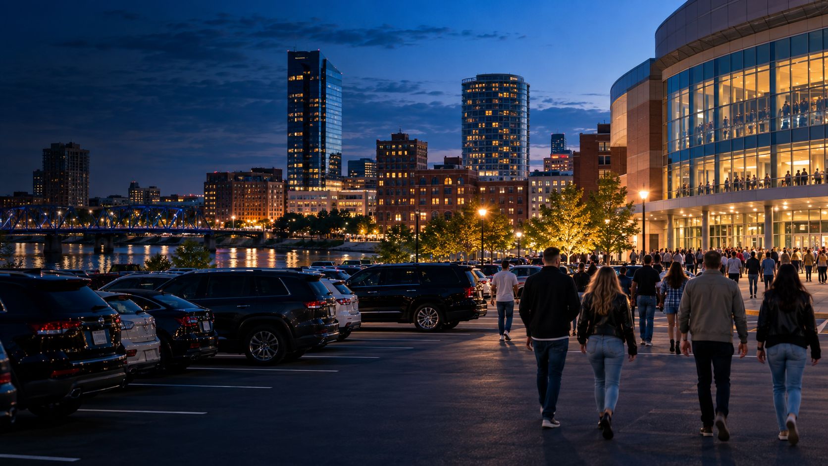 Illustration of an evening arrival in downtown Grand Rapids